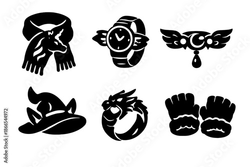 Fantasy Accessory Icons. Solid style icons of Fantasy Accessories: unicorn scarf, elf watch, fairy belt, centaur hat, dragon ring,