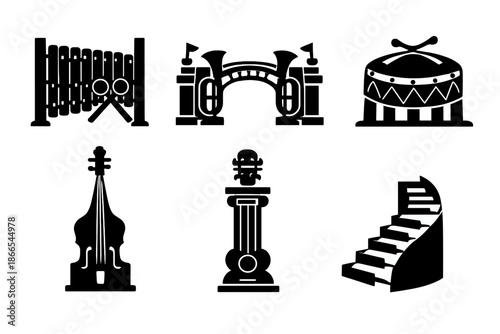 Instrumental Structure Icons. Solid style icons of Instrumental Structures: xylophone wall, trumpet gate, drum roof, violin spire,