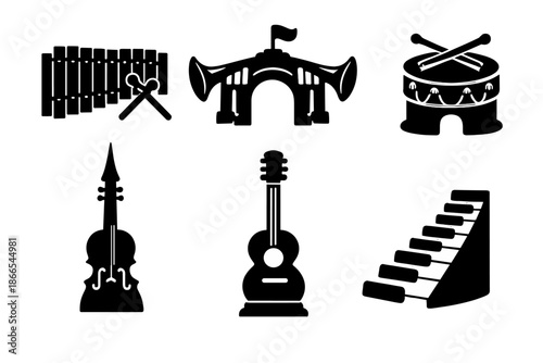 Instrumental Structure Icons. Solid style icons of Instrumental Structures: xylophone wall, trumpet gate, drum roof, violin spire,