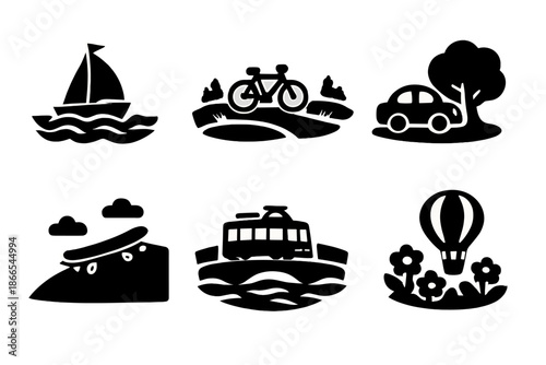 Transport and Nature Icons. Solid style icons of Transport + Landscape: sailboat wave, bicycle meadow, car tree, skateboard hill,