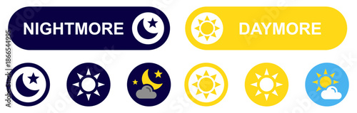 Vector day night switch. Screen modes icons set. Sun and moon with clouds in circle day and night concept. Light and dark icon. Day and night mode gadget application. Editable stroke. Vector illustrat