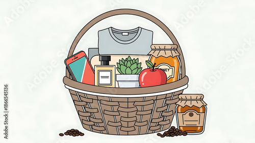 A vector graphic illustration of a wicker basket filled with various everyday items