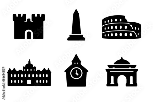 Historical Monument Icons. Solid style icons of Historical Monuments: fortress square, obelisk triangle, amphitheater semicircle,