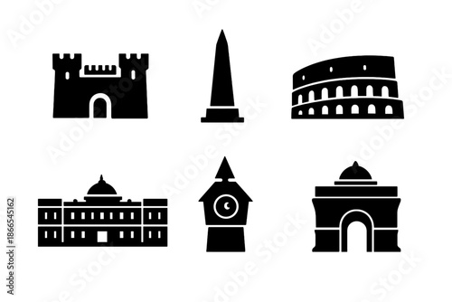 Historical Monument Icons. Solid style icons of Historical Monuments: fortress square, obelisk triangle, amphitheater semicircle,