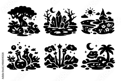 Fantasy Ecology Icons. Solid style icons of Fantasy Ecology: enchanted jungle, crystal swamp, magic prairie, potion reef, wand
