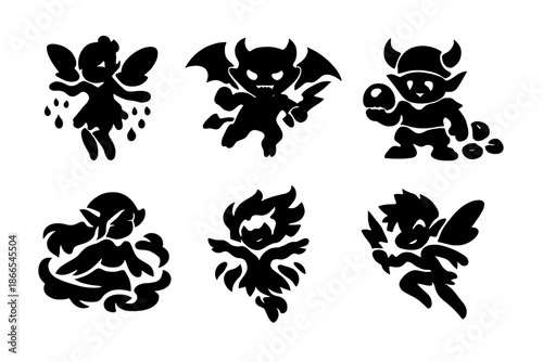 Weather Spirit Icons. Solid style icons of Weather Spirits: drizzle fairy, storm imp, hail goblin, mist elf, aurora sprite,