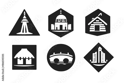 Geometric Building Icons. Solid style icons of Geometric Buildings: tower triangle, dome hexagon, cabin pentagon, hut square,
