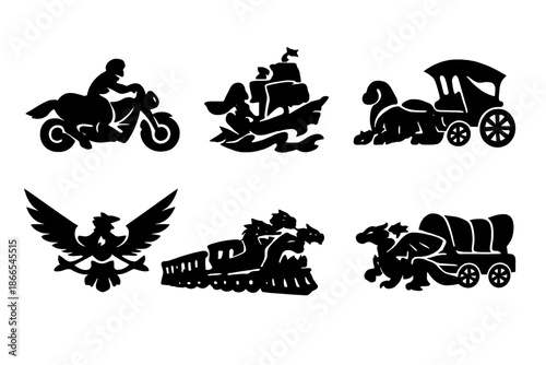 Mythical Vehicle Icons. Solid style icons of Mythical Vehicles: centaur bike, mermaid ship, sphinx carriage, phoenix glider, hydra