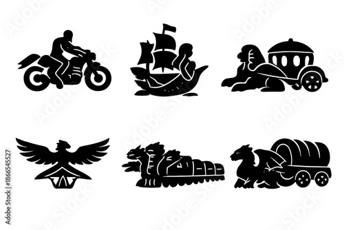 Mythical Vehicle Icons. Solid style icons of Mythical Vehicles: centaur bike, mermaid ship, sphinx carriage, phoenix glider, hydra