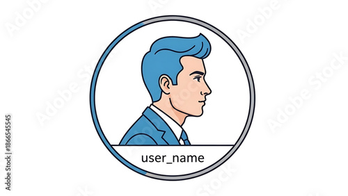 A cartoon illustration of a man in a blue suit and tie in a circular avatar