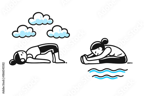 Pilates Breath Harmony. Doodle-style vector icon of a pilates exercise synchronized with breath, inhale shown as growing clouds,