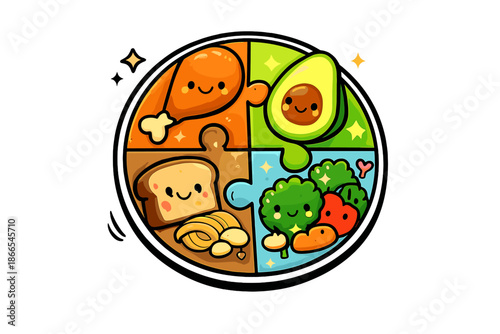 Culinary Puzzle Plate. Doodle-style vector icon of a healthy culinary puzzle, a round plate with protein, fat, carbohydrate, and