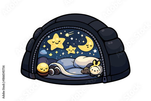 Cozy Sleep Capsule. Doodle-style vector icon of a digital sleep camp, cozy tent capsule blocking outside light and noise, interior