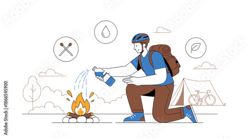 Cyclist Extinguishing Bonfire With Water In The Forest During Camping Trip