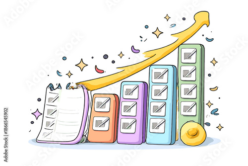 Evolving Task List. Doodle-style vector icon of an evolving task list, multiple completed items forming a tall bar graph, joyful
