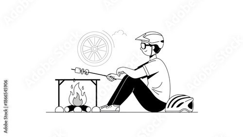 Cyclist Enjoying Campfire Treats With Bike Theme Relaxation After a Ride