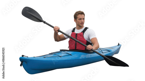 Man Kayaking, Paddling on Water