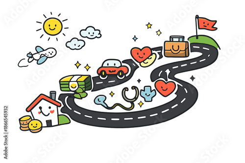 Tax Journey Icons. Doodle-style vector icon of a tax journey illustration, curvy road with icons symbolizing deductions as