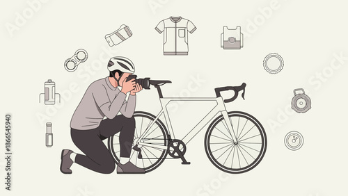 Cyclist Photographer Capturing Images Of Bicycle And Equipments With Professional Camera