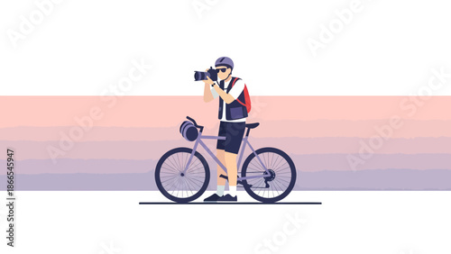 Cyclist Photographer Capturing Sunset Scenery During Bike Touring Adventure