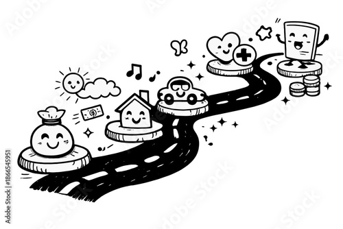 Tax Journey Icons. Doodle-style vector icon of a tax journey illustration, curvy road with icons symbolizing deductions as