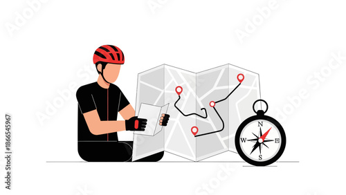 Cyclist Planning Adventure Trip Route With Compass And Map Vector Illustration