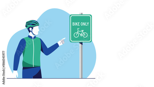 Cyclist Points To A Designated Bicycle Only Lane Sign In Urban Setting