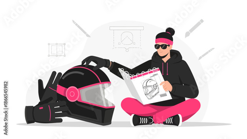 Creative Designer Working On Motorcycle Helmet Design In Studio Environment