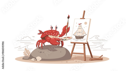 Creative Crab Painting A Seascape Masterpiece On The Beach Illustration Art