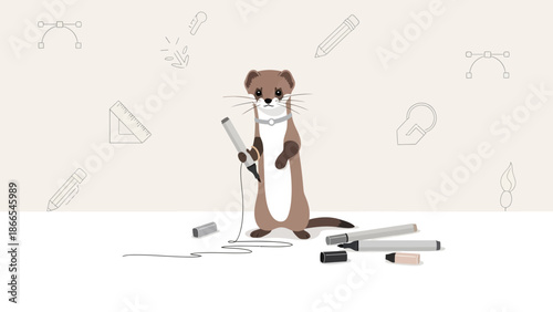 Creative Ermine Designer Drawing with Markers and Vector Graphics Tools Background