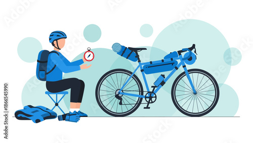 Cyclist Prepares For Adventure Watching Time And Touring Bicycle Journey Preparation
