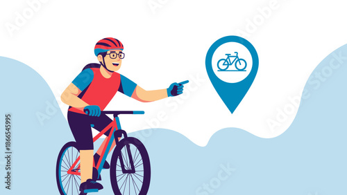 Cyclist Points To Bicycle Location On Map Concept Illustration Vector