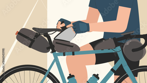 Cyclist Prepares For Adventure Trip Securing Essential Gear Bags Before Setting Off