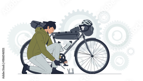 Cyclist Repairing His Bicycle On The Road During A Cycling Trip Illustration