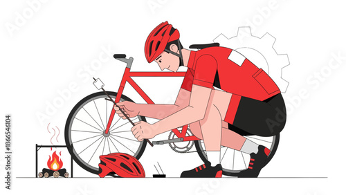Cyclist Repairing His Bike Outdoors With Campfire And Marshmallow