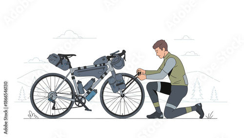 Cyclist Repairing Tire On Mountain Bike During A Long Adventure Trip In Nature