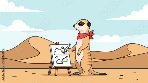 Creative Meerkat Painter Drawing Clouds On Canvas In Desert Landscape Artistic Scene