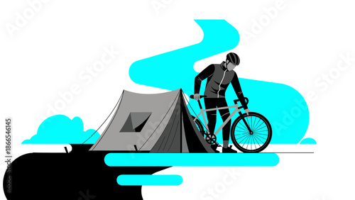 Cyclist Resting At Campsite On A Minimalist Design With Turquoise Accents