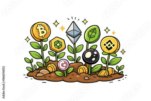Crypto Coin Garden. Doodle-style vector icon of a flourishing crypto garden, various plants representing different coins growing