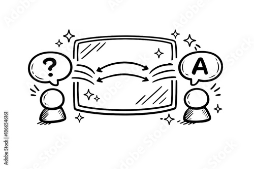 Interview Reflection Icon. Doodle-style vector icon of an interview alignment concept, questions and answers echoing in a