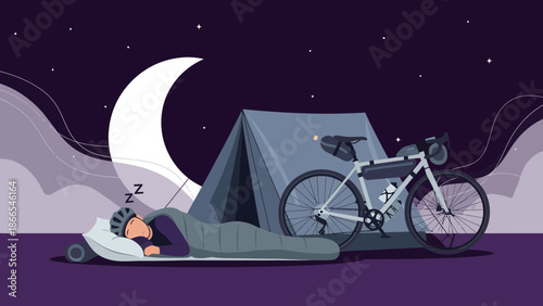 Cyclist Resting In Sleeping Bag Beside Tent Under Moonlit Sky After Long Ride