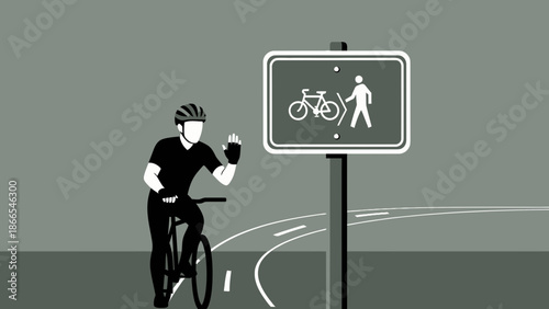 Cyclist Welcoming On Shared Path Near Roadside Sign Post With Icons