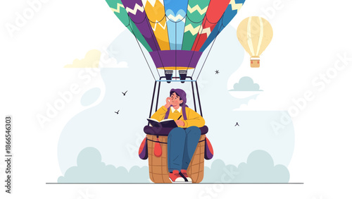 Creative Thoughts Woman Journaling in Hot Air Balloon Exploring New Ideas