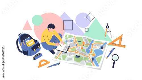 Creative Urban Planner Making Notes on a Map with School Supplies around