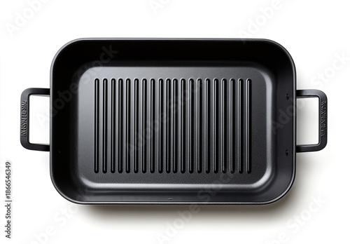 A black rectangular cast iron grill pan with two handles and ridged bottom on a white background.