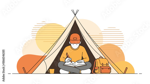Creative Writer Immersed In Nature Writing Novel Inside Tent Camping Experience