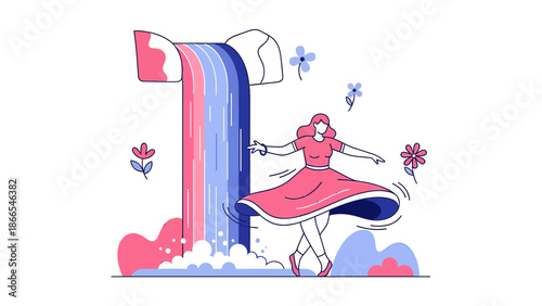 Dancing With Rainbow Stream Woman Expressing Joy Beside Waterfall Of Colors