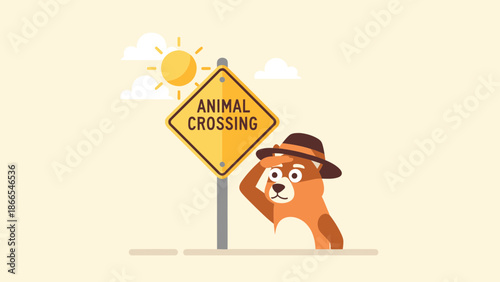 Cute Animal Crossing Sign Bear Character Wearing Hat Looking Far Away