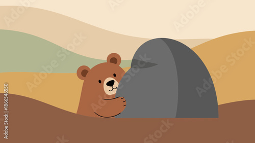 Cute Bear Hiding Behind Rock With Scenic Background In Flat Illustration Style