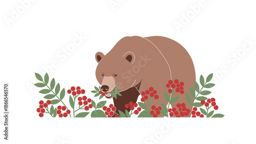 Cute Bear Eating Berries, Flat Vector Illustration Of Forest Animal